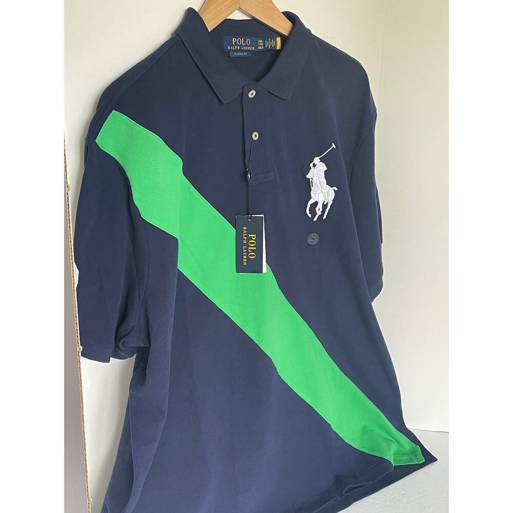Polo Ralph Lauren Big Pony Mesh Colorblock Shirt Blue Green Slim Fit XXL - Picture 5 of 6